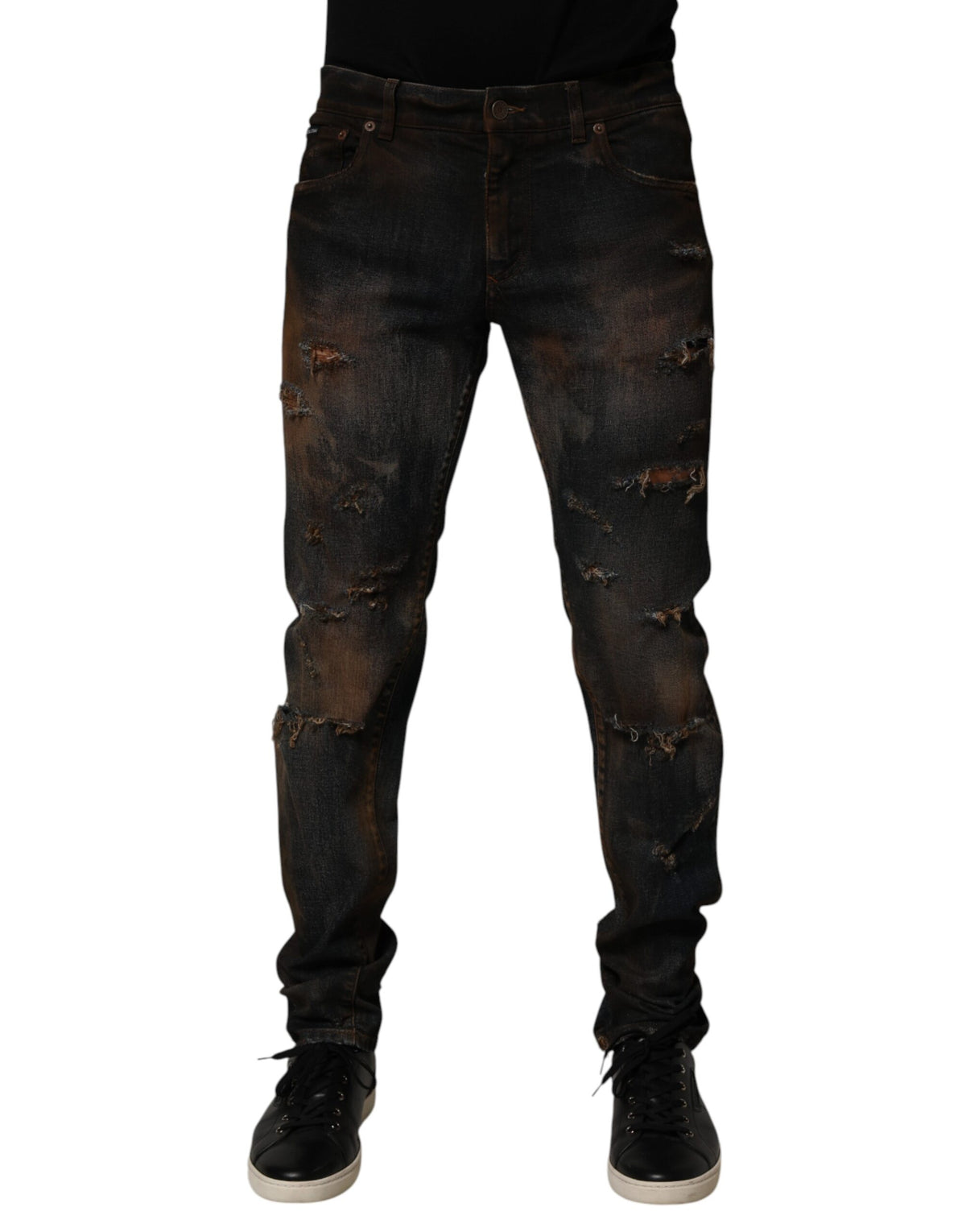 Dolce & Gabbana Schwarze Baumwolle Skinny Tattered Men Denim Jeans