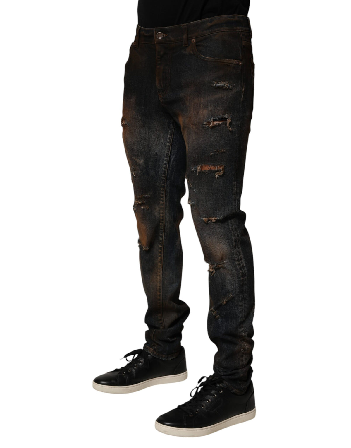 Dolce & Gabbana Schwarze Baumwolle Skinny Tattered Men Denim Jeans